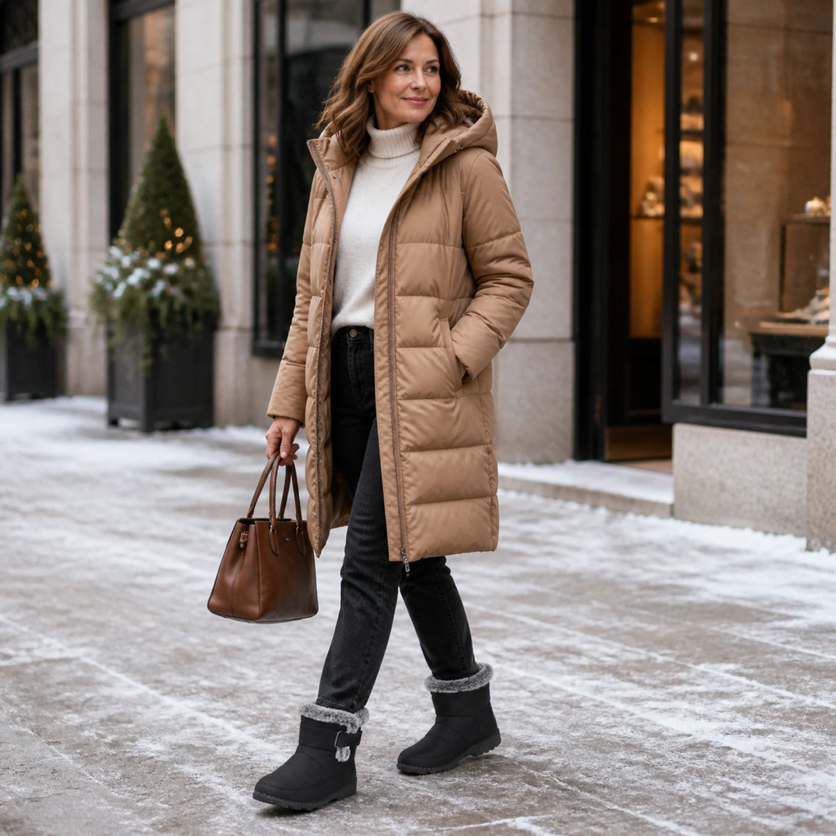 Mature woman wearing black faux fur ankle boots on a snowy city street — view 6