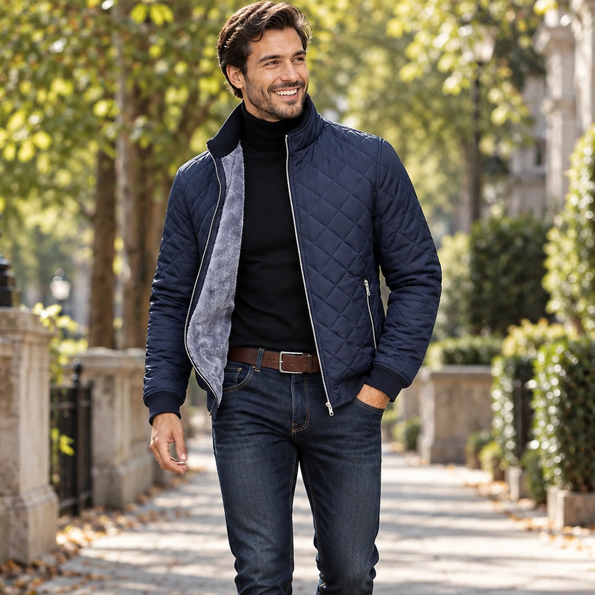 Jacket focused front view of the full Navy Blue Asher Diamond Quilted Zip Pocket worn by a happy adult model in UK autumn