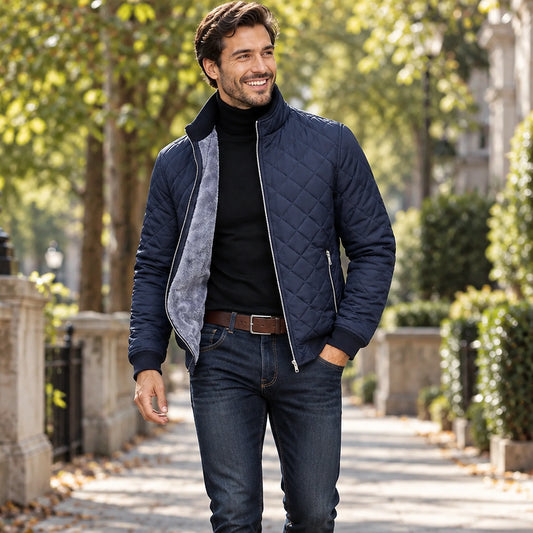 Jacket focused front view of the full Navy Blue Asher Diamond Quilted Zip Pocket worn by a happy adult model in UK autumn