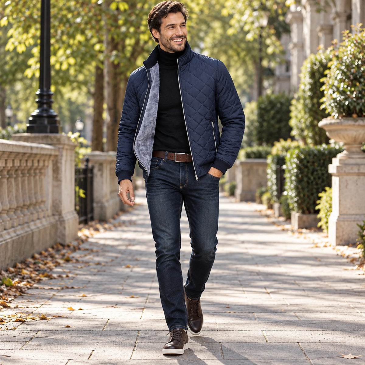 Happy adult model wearing the full Navy Blue Asher Diamond Quilted Zip Pocket Jacket in a cool UK autumn setting — view 4