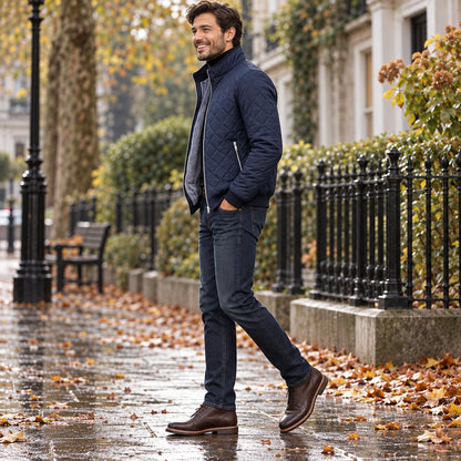 Side full length view of the Navy Blue garment worn by a happy adult model in cool UK autumn setting — view 7
