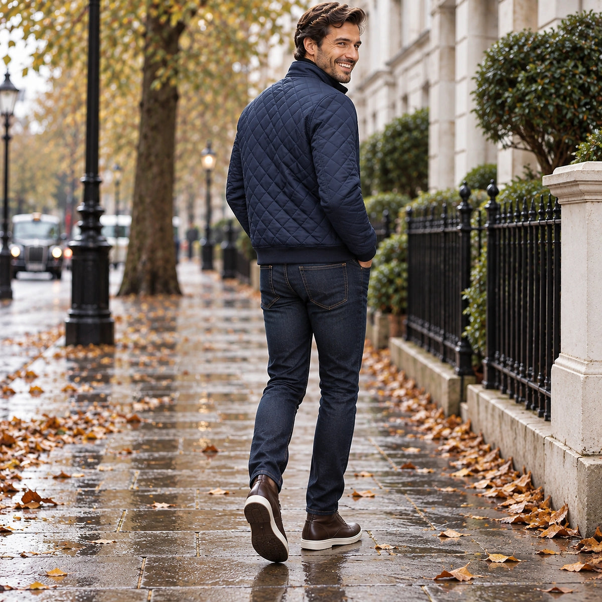 Back full length view of the Navy Blue garment worn by a happy adult model in cool UK autumn setting — view 8