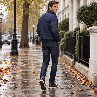 Back full length view of the Navy Blue garment worn by a happy adult model in cool UK autumn setting — view 8