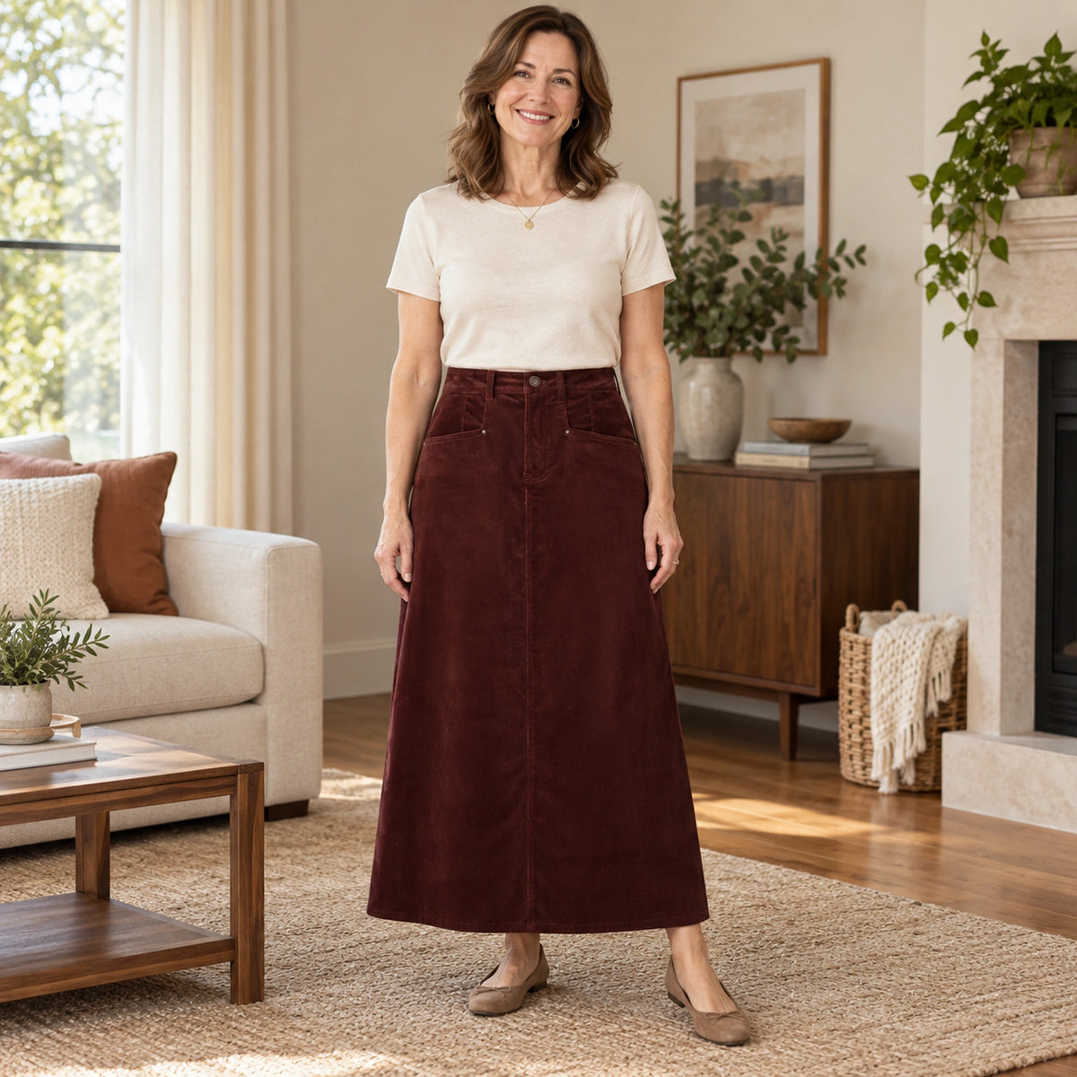 corduroy skirt — Audrey wine red skirt front — complete product, exact reference photograph
