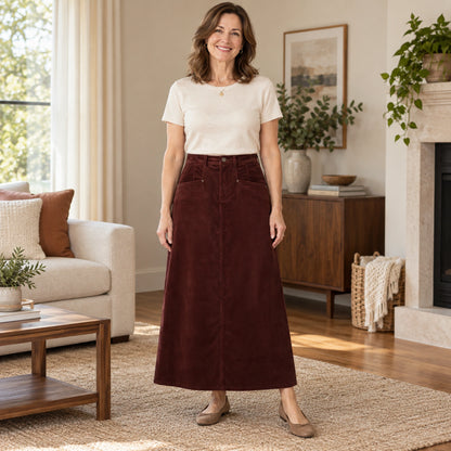 corduroy skirt — Audrey wine red skirt front — complete product, exact reference photograph