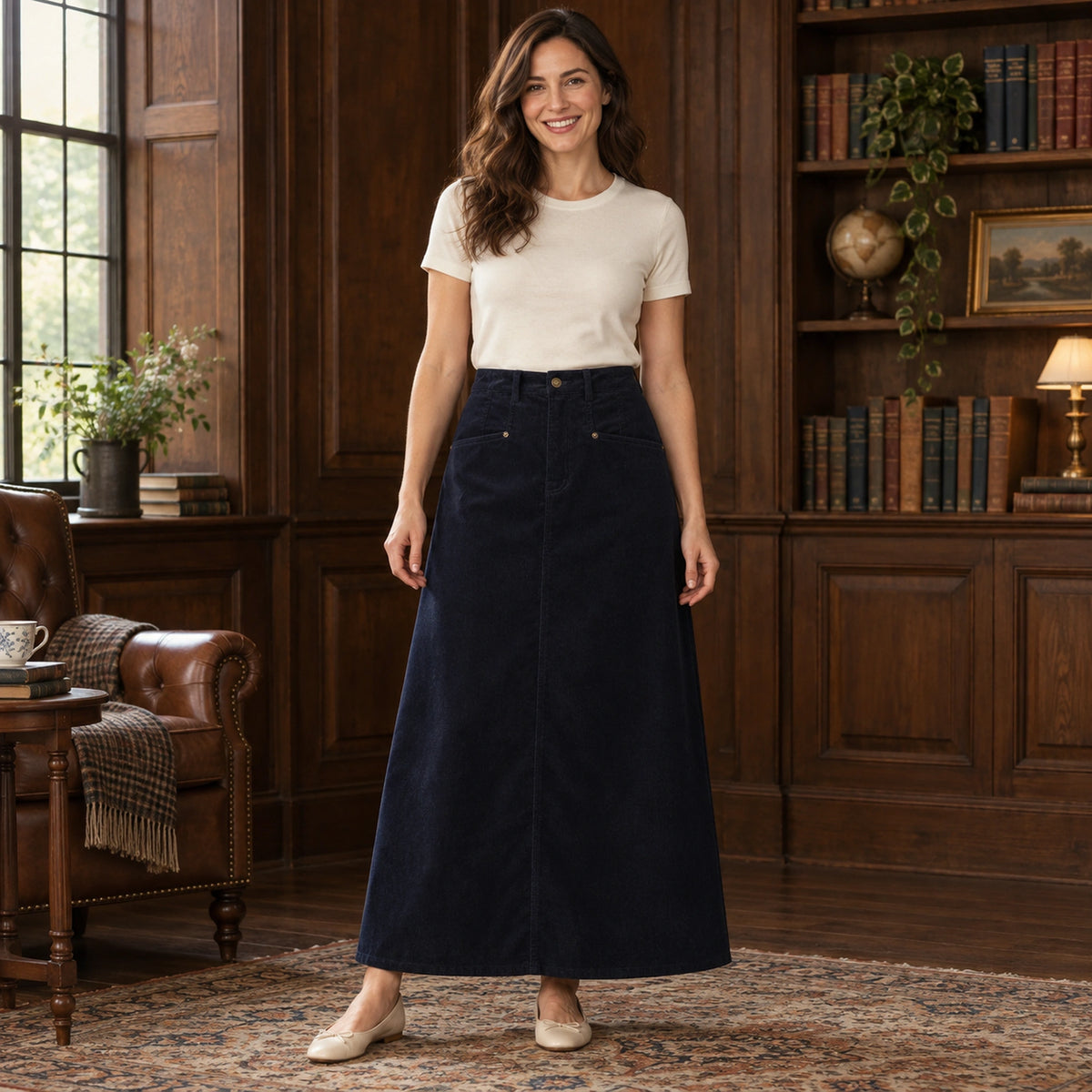 corduroy skirt — Audrey navy skirt construction — complete product, exact reference photograph — view 11