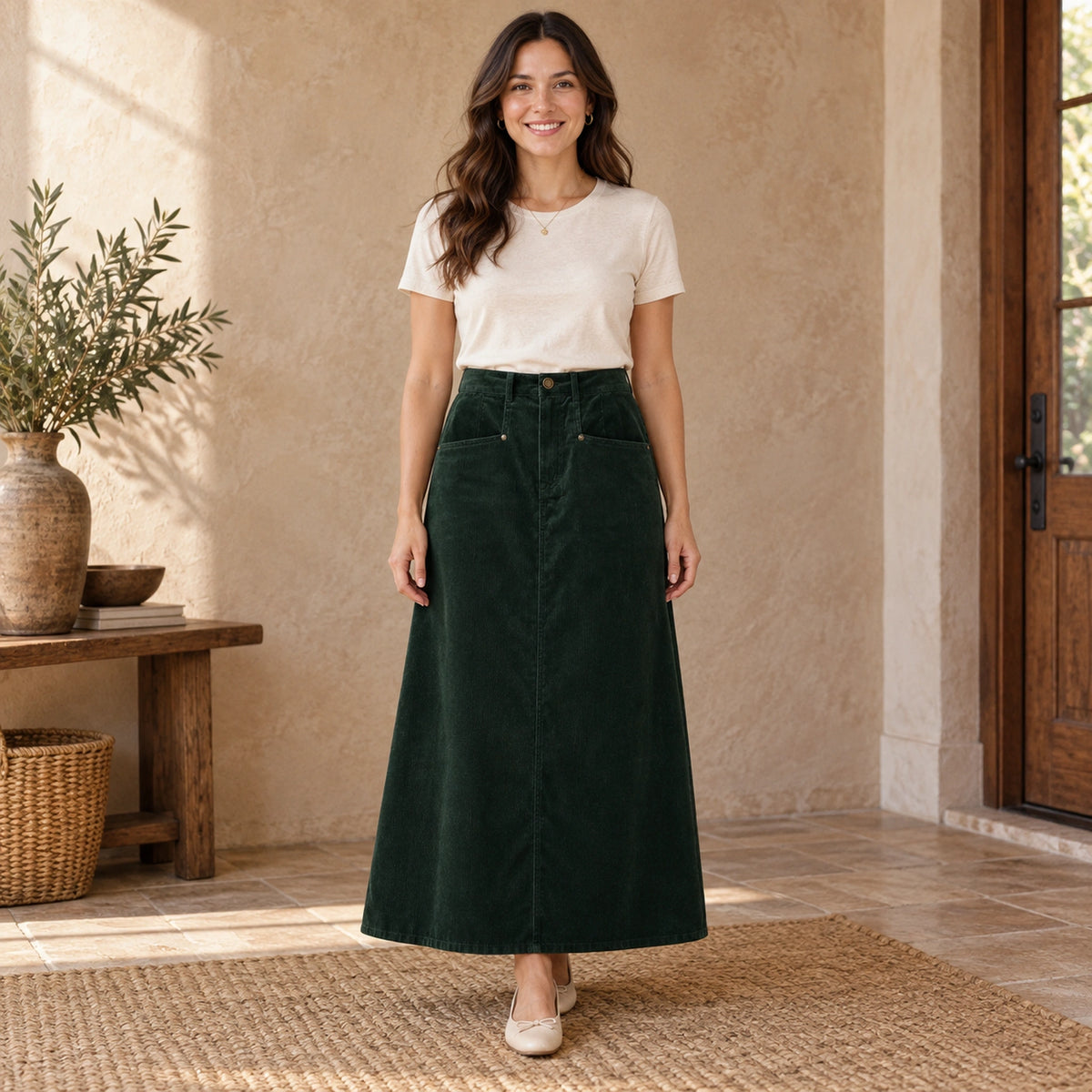 corduroy skirt — Audrey green skirt front — complete product, exact reference photograph — view 2
