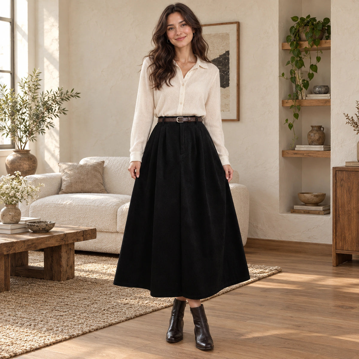 corduroy skirt — Hazel black front — full garment on smiling adult model — view 2