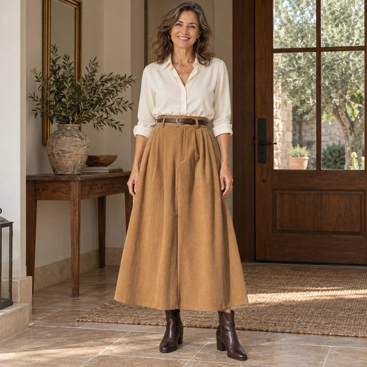 corduroy skirt — Hazel camel front — full garment on smiling adult model — view 3