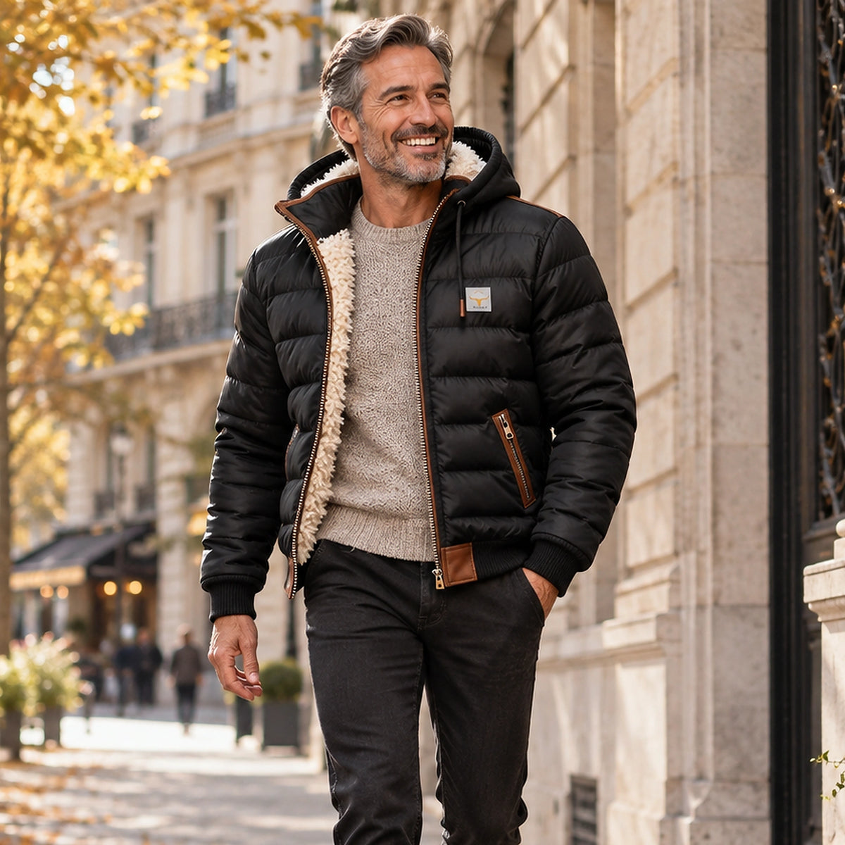 Jacket focused front view of the full Black Daniel Sherpa Lined Quilted worn by a happy adult model in UK autumn street