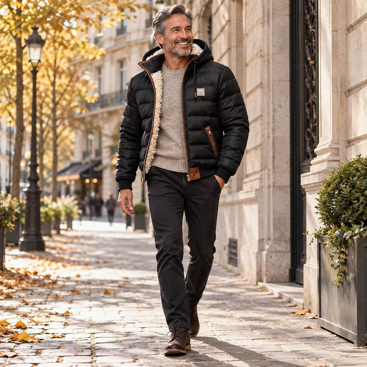 Happy adult model wearing the full Black Daniel Sherpa Lined Quilted Jacket in a cool UK autumn setting — view 2