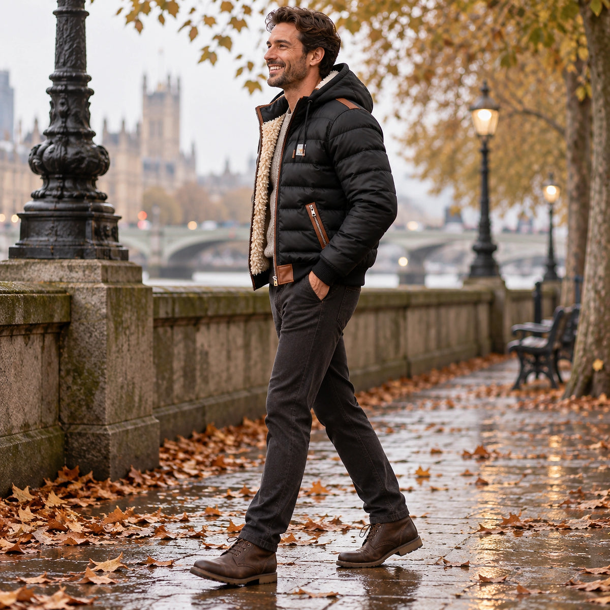 Side full length view of the Black garment worn by a happy adult model in cool UK autumn setting — view 3