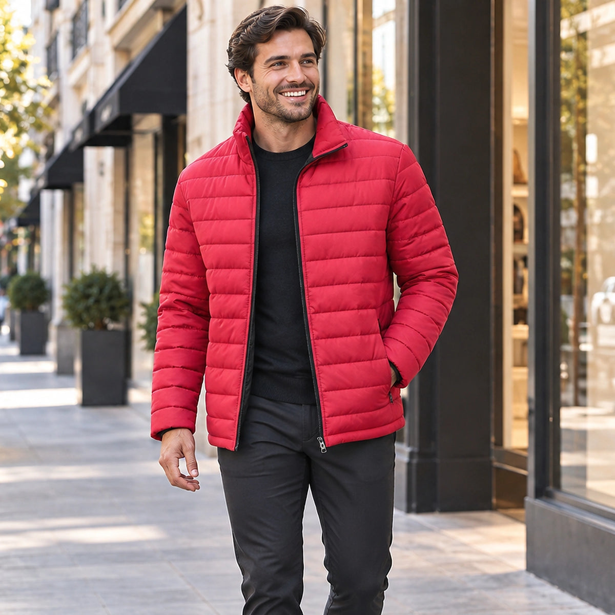 Jacket focused front view of the full Red Daniel Stand Collar Padded Winter Coat worn by a happy adult model in UK — view 2
