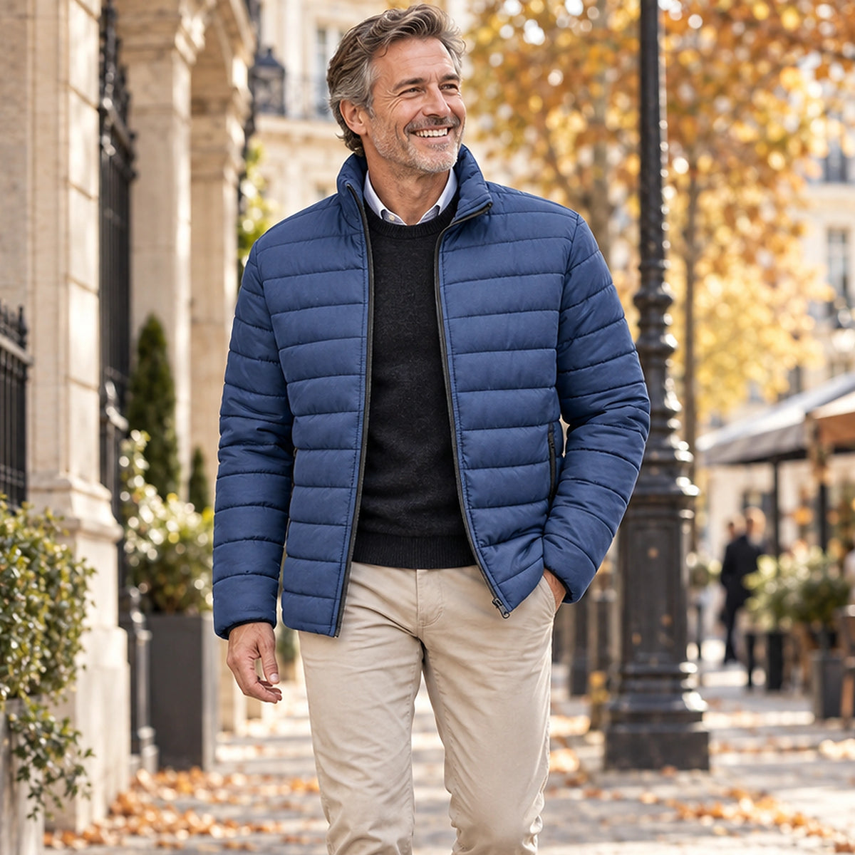 Jacket focused front view of the full Navy Blue Daniel Stand Collar Padded Winter Coat worn by a happy adult model — view 3