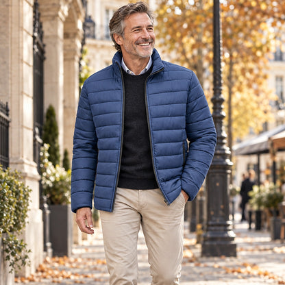 Jacket focused front view of the full Navy Blue Daniel Stand Collar Padded Winter Coat worn by a happy adult model — view 3