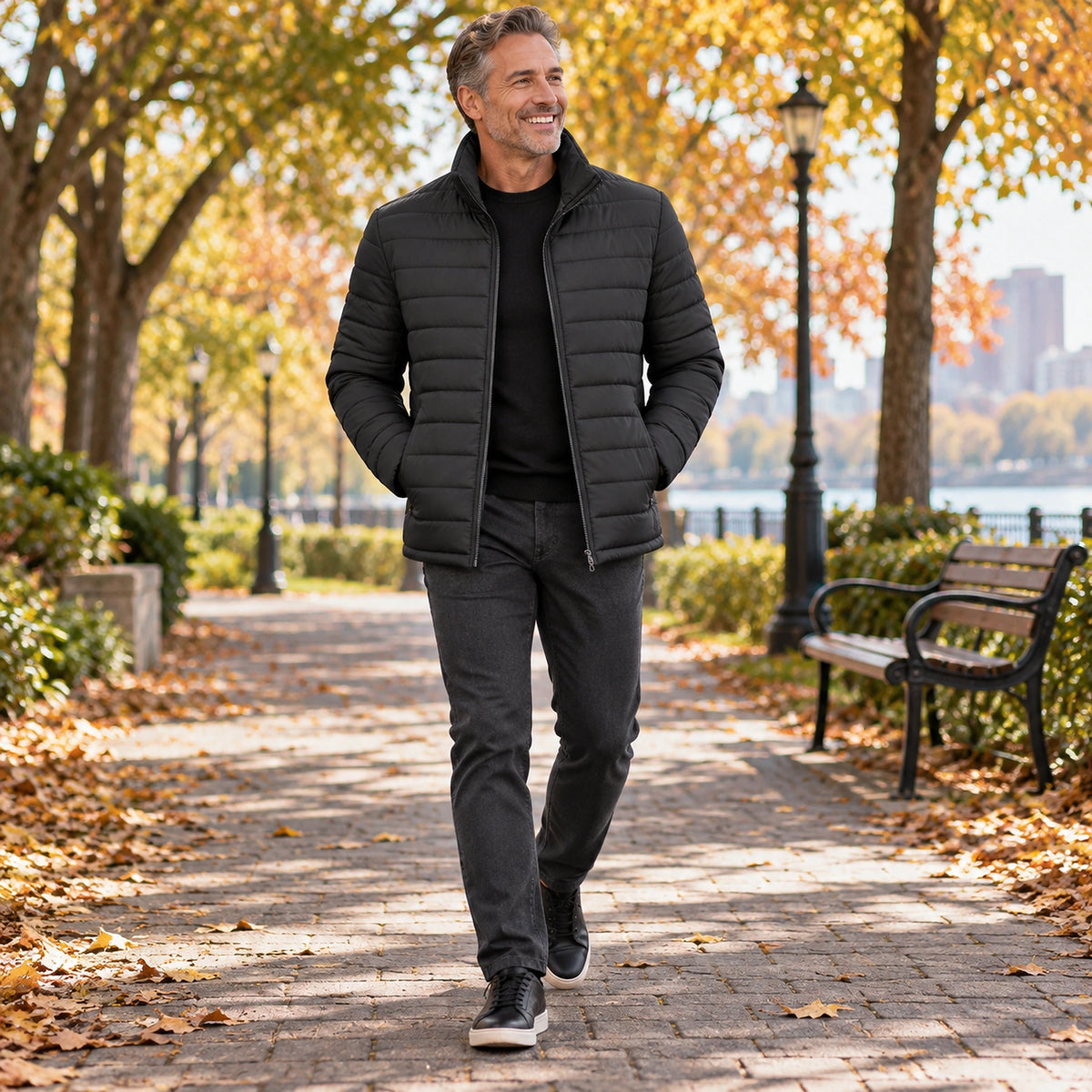 Happy adult model wearing the full Black Daniel Stand Collar Padded Winter Coat on a cool UK autumn street — view 4