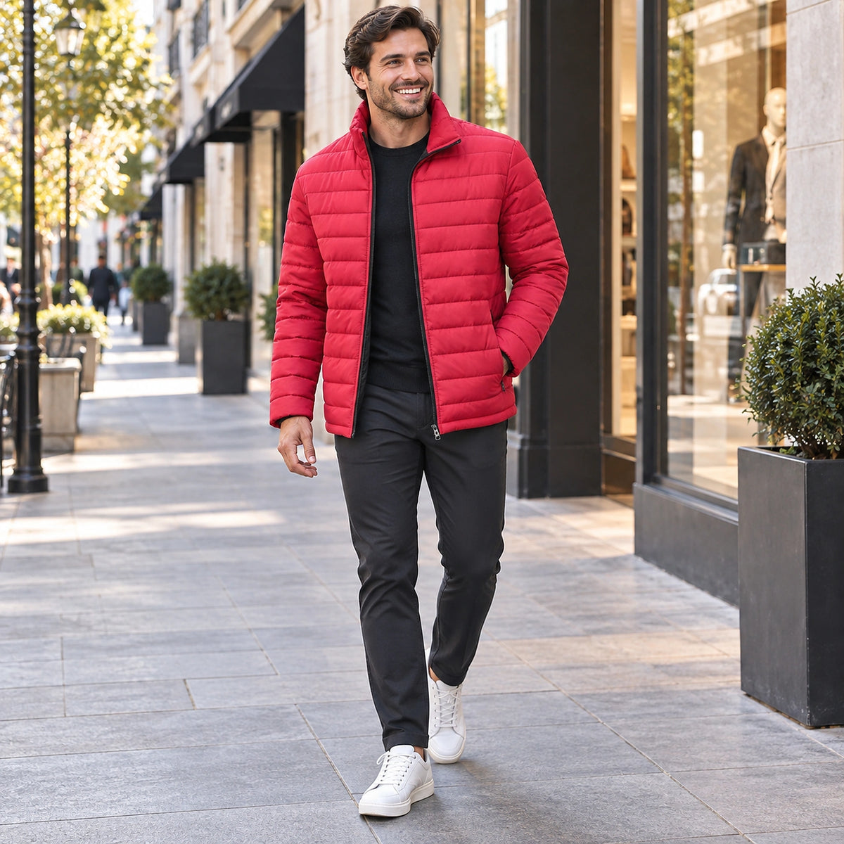 Happy adult model wearing the full Red Daniel Stand Collar Padded Winter Coat on a cool UK autumn street — view 5
