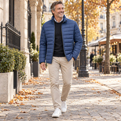 Happy adult model wearing the full Navy Blue Daniel Stand Collar Padded Winter Coat on a cool UK autumn street — view 6