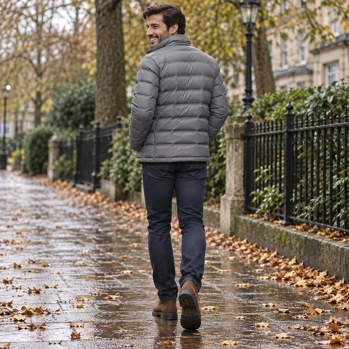 Back full length view of the Grey garment worn by a happy adult model in cool UK autumn setting — view 10