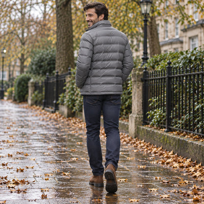 Back full length view of the Grey garment worn by a happy adult model in cool UK autumn setting — view 10