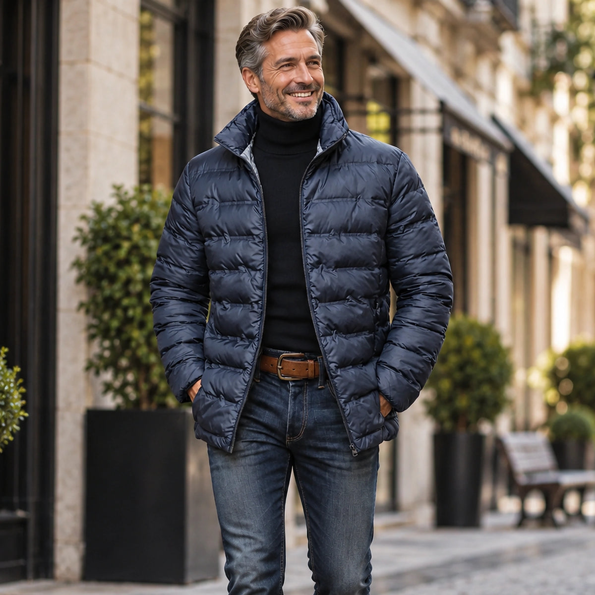 Jacket focused front view of the full Blue Finn Quilted High Collar Puffer worn by a happy adult model in UK autumn — view 2