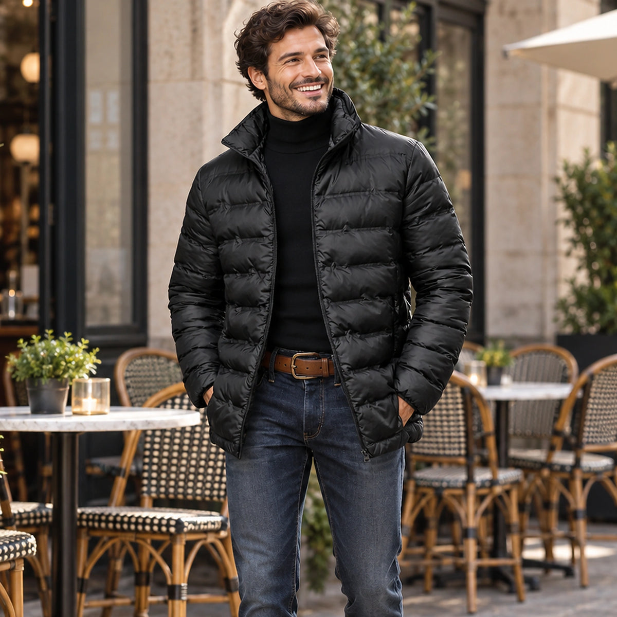 Jacket focused front view of the full Black Finn Quilted High Collar Puffer worn by a happy adult model in UK autumn — view 3