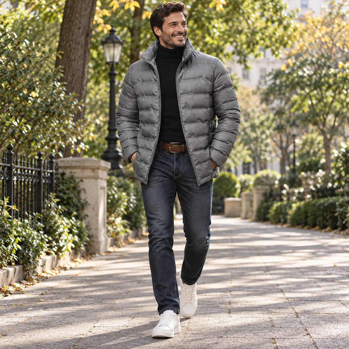 Happy adult model wearing the full Grey Finn Quilted High Collar Puffer Jacket in a cool UK autumn setting — view 5