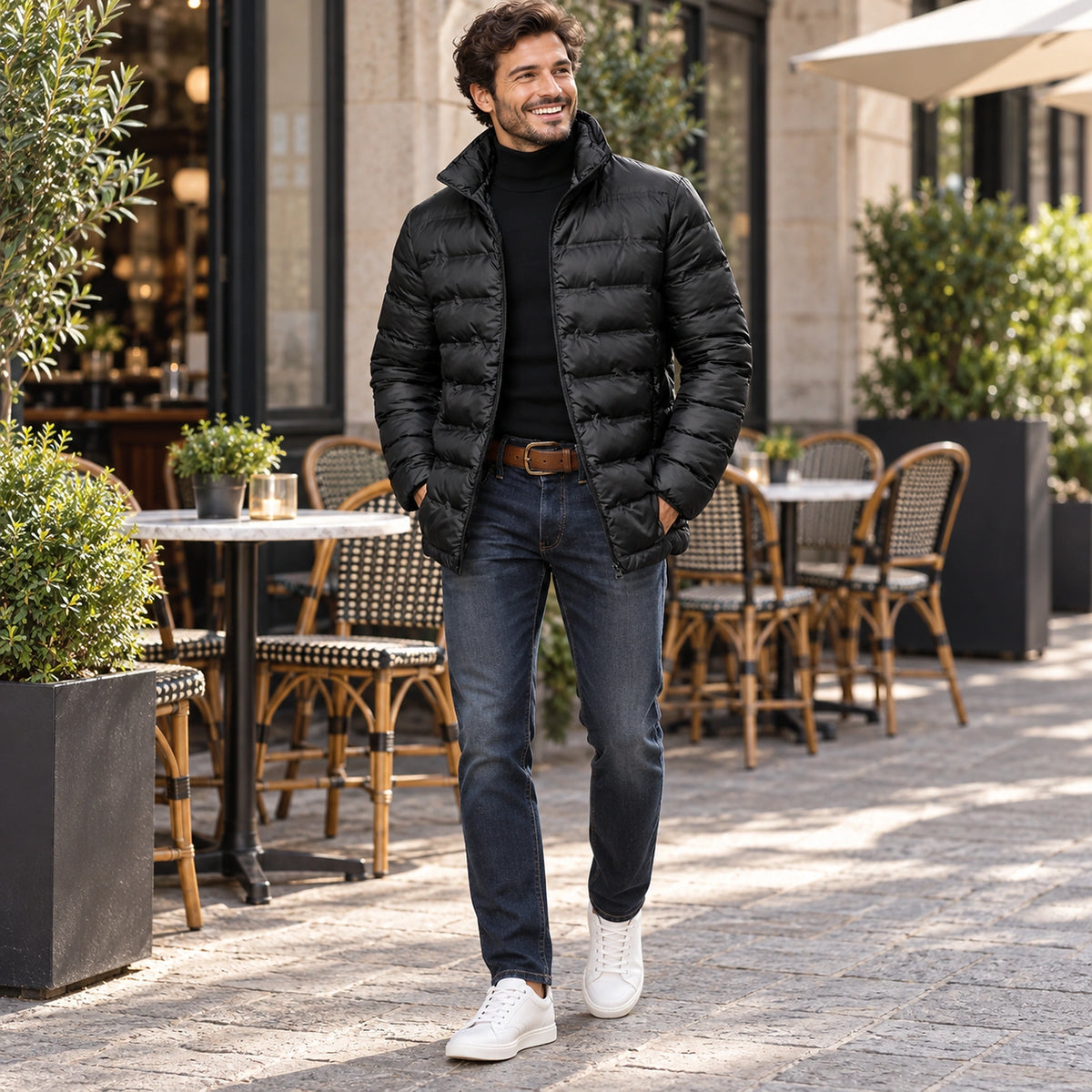 Happy adult model wearing the full Black Finn Quilted High Collar Puffer Jacket in a cool UK autumn setting — view 7