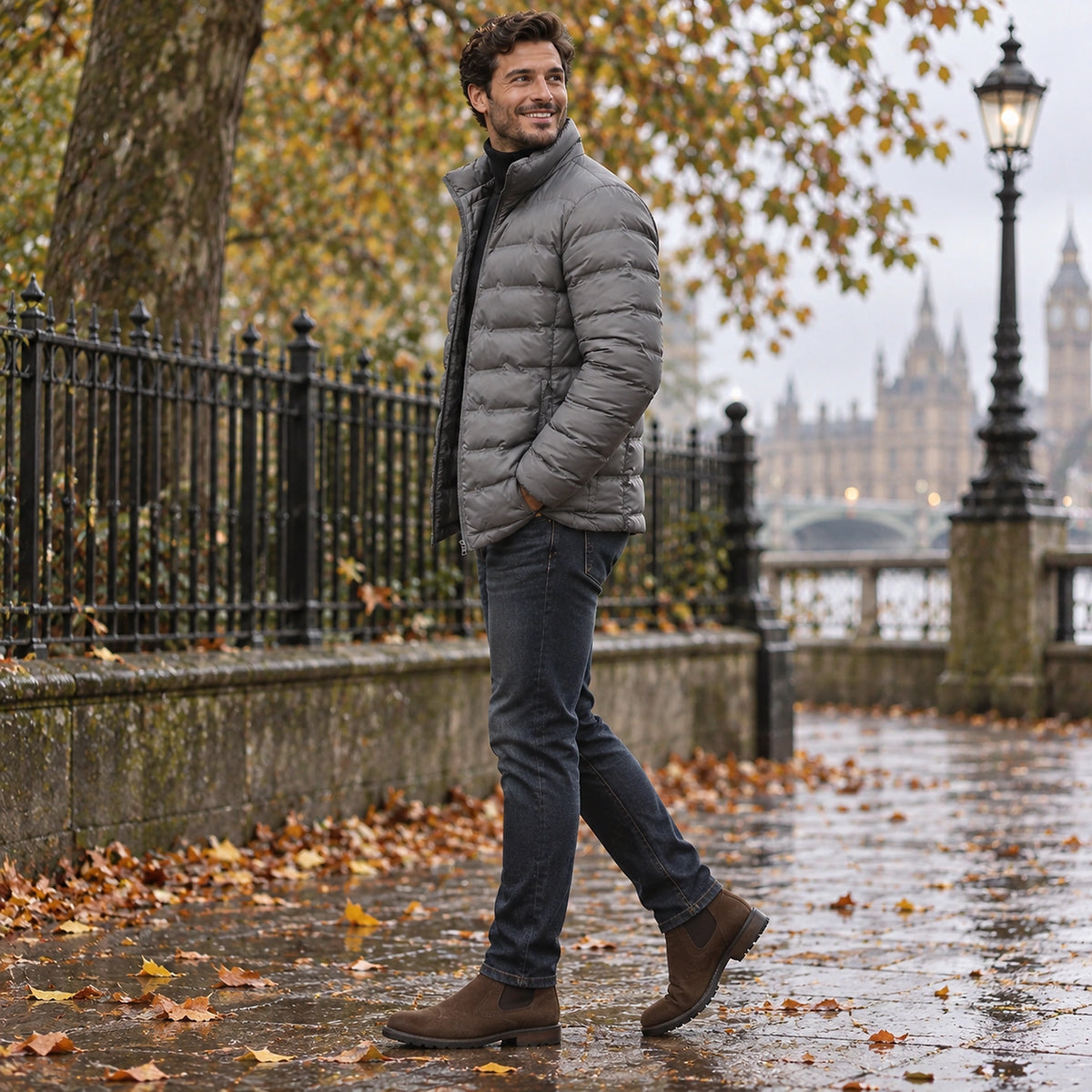 Side full length view of the Grey garment worn by a happy adult model in cool UK autumn setting — view 9