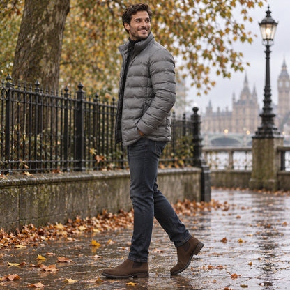 Side full length view of the Grey garment worn by a happy adult model in cool UK autumn setting — view 9