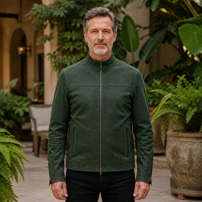 Forest green minimalist racer leather jacket complete front view