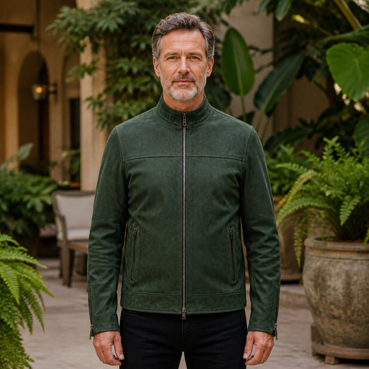 Forest green minimalist racer leather jacket complete front view