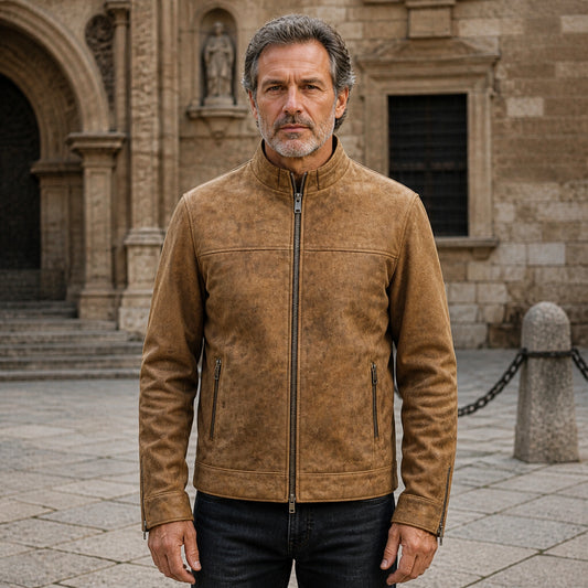 Vintage tan minimalist racer leather jacket complete front view — view 2
