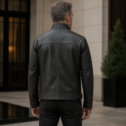 Black racer leather jacket direct rear view — view 5