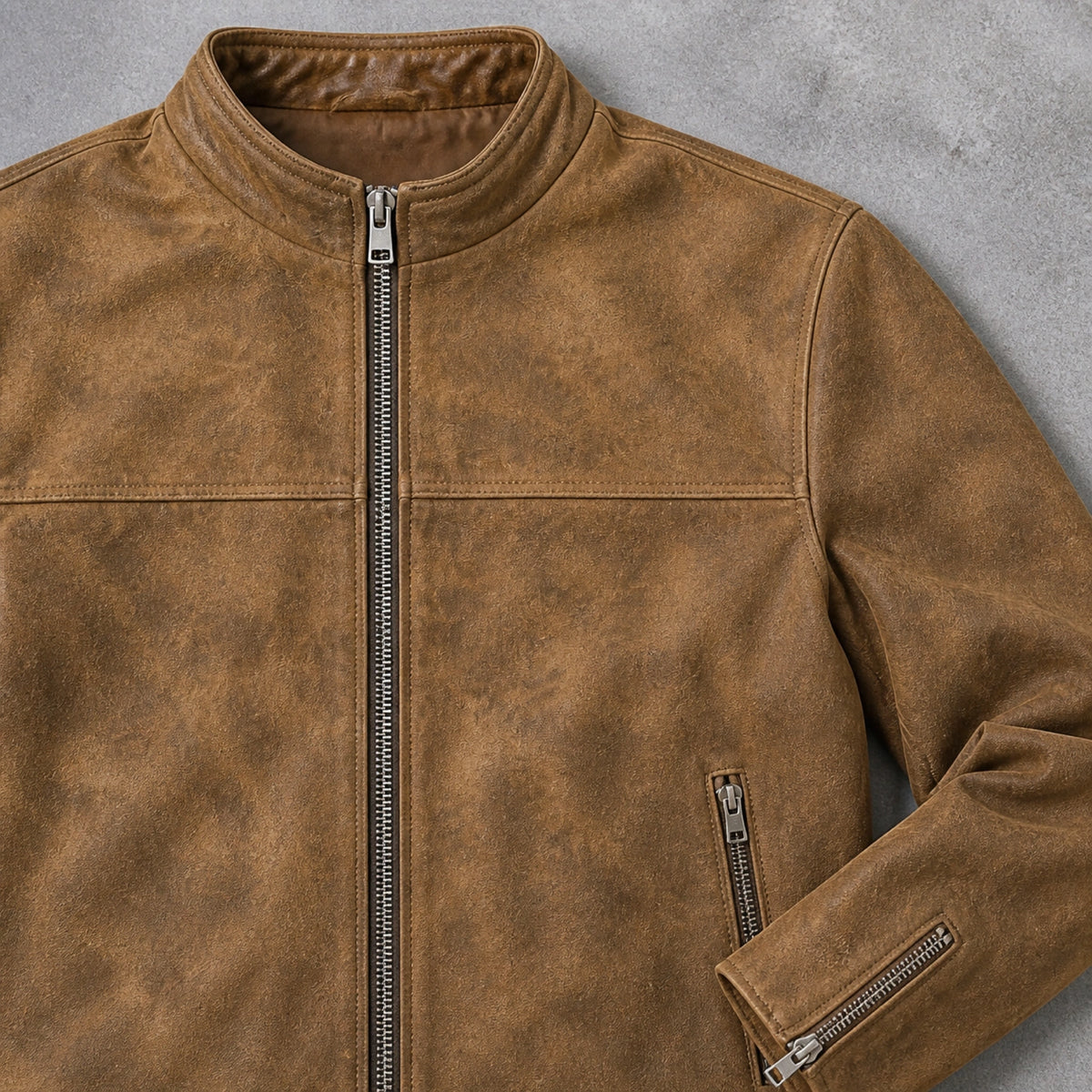 leather jacket — Vintage tan racer jacket collar seam zippers grain and cuff detail — view 6