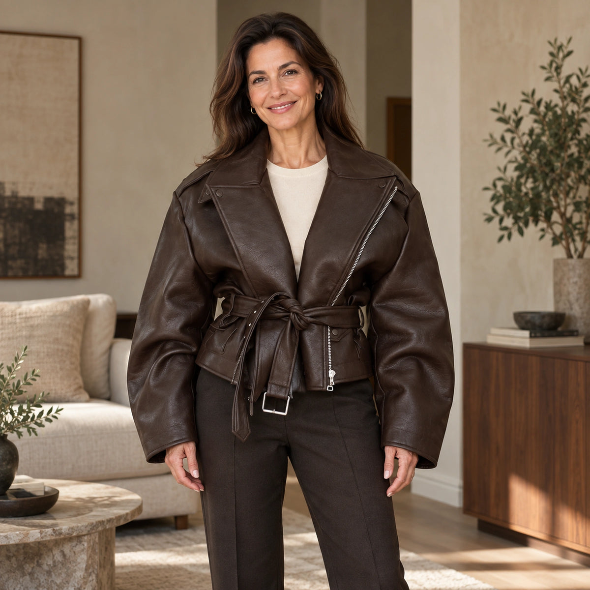 leather jacket — Chloe chocolate belted front — complete product, exact reference photograph — view 3