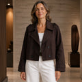 Chocolate brown cropped double-breasted trench jacket, front view