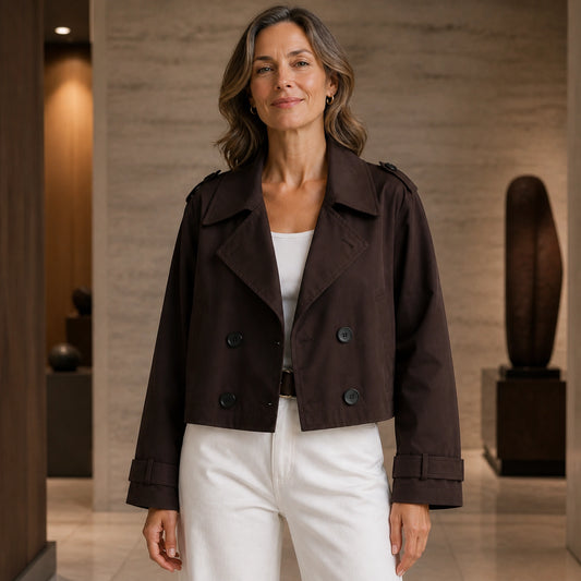 Chocolate brown cropped double-breasted trench jacket, front view