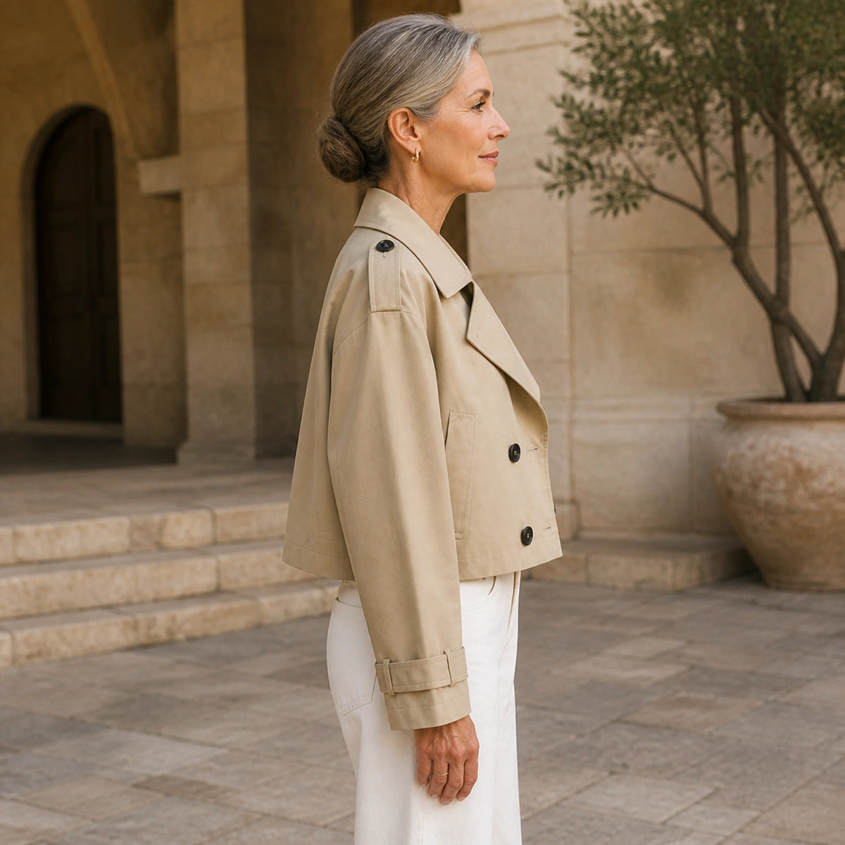 Sand beige cropped double-breasted trench jacket, side view