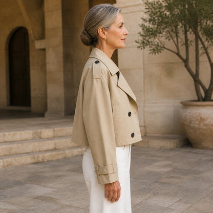 Sand beige cropped double-breasted trench jacket, side view