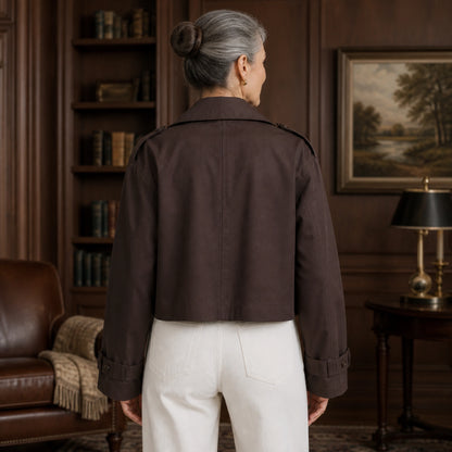 Chocolate brown cropped double-breasted trench jacket, rear view
