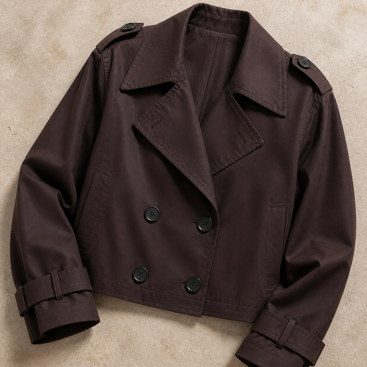 Chocolate brown cropped double-breasted trench jacket, construction detail