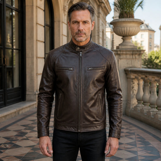 leather jacket — Dark brown multi pocket faux leather racer jacket complete front view — view 2