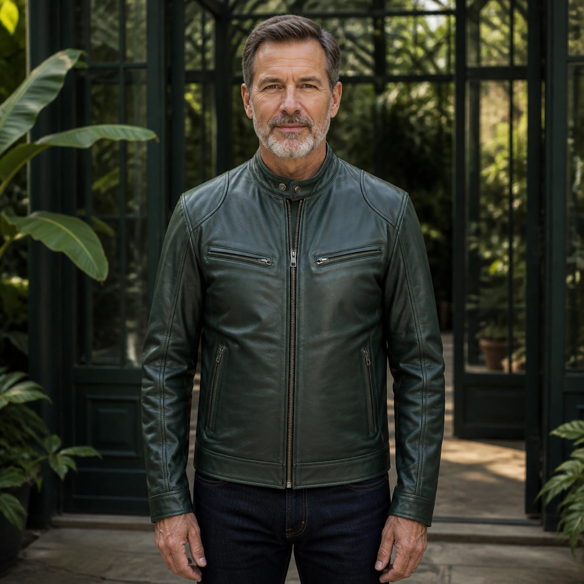 leather jacket — Forest green multi pocket faux leather racer jacket complete front view — view 3