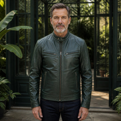 leather jacket — Forest green multi pocket faux leather racer jacket complete front view — view 3