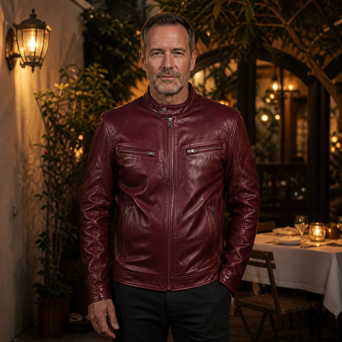 leather jacket — Deep burgundy multi pocket faux leather racer jacket complete front view — view 5