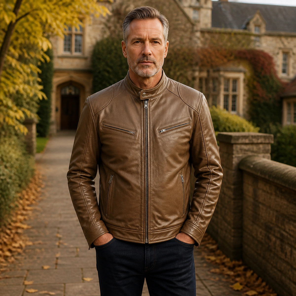 leather jacket — Khaki brown multi pocket faux leather racer jacket complete front view — view 6