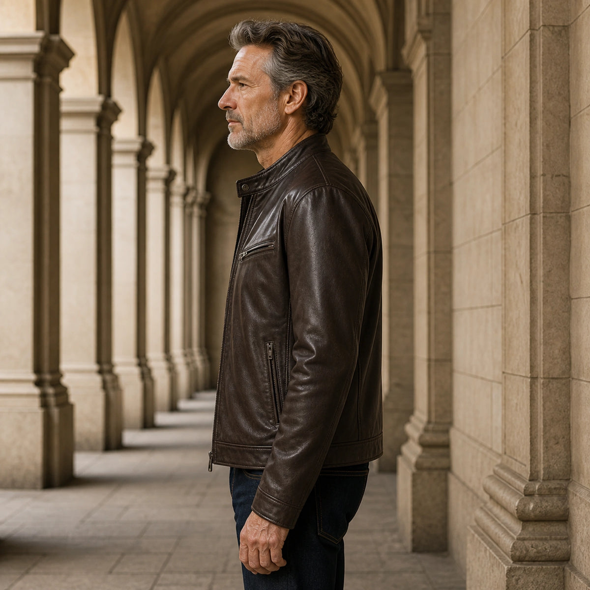 leather jacket — Dark brown faux leather racer jacket true side view — view 7