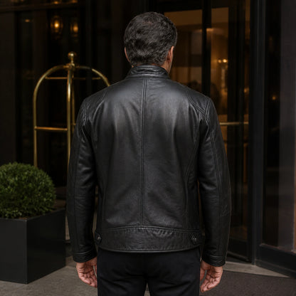 leather jacket — Black faux leather racer jacket direct rear view — view 8
