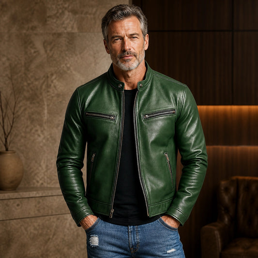 Forest Green cafe racer leather jacket front